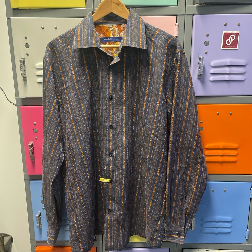 Georg Roth Men's Shirt - Blue and Orange Stripes, XL